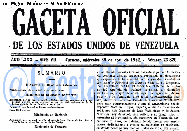 Gaceta Oficial 23820 del 30 Abril 1952
