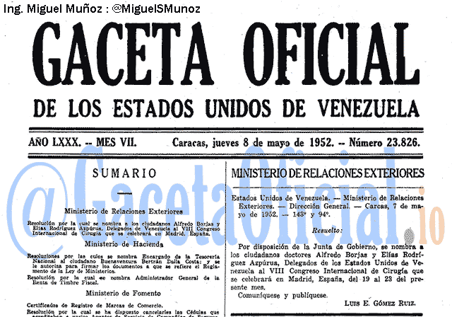 Gaceta Oficial 23826 del 8 Mayo 1952