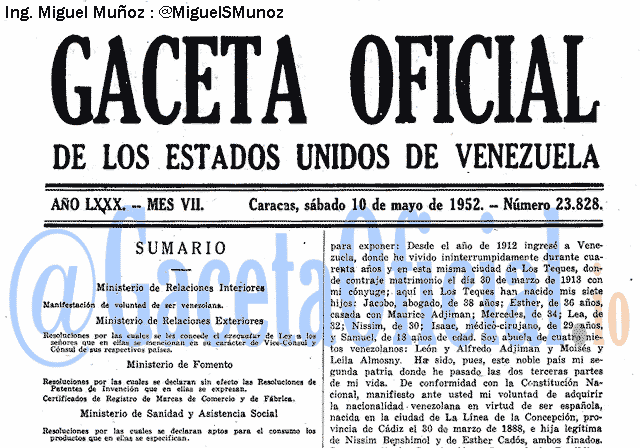 Gaceta Oficial 23828 del 10 Mayo 1952