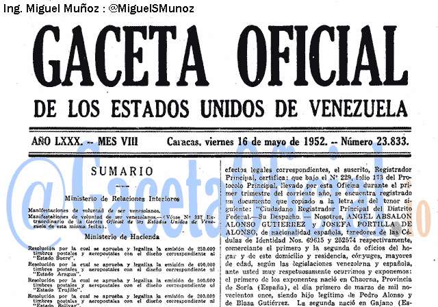 Gaceta Oficial 23833 del 16 Mayo 1952