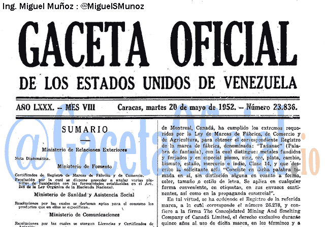 Gaceta Oficial 23836 del 20 Mayo 1952