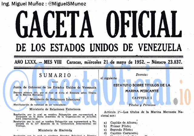 Gaceta Oficial 23837 del 21 Mayo 1952
