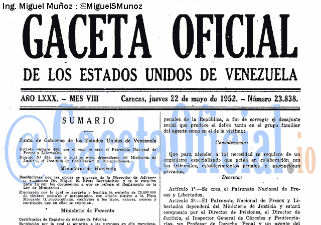 Gaceta Oficial 23838 del 22 Mayo 1952