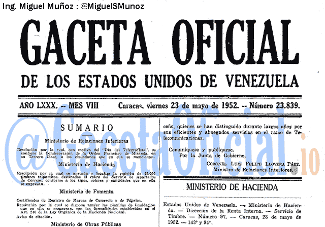 Gaceta Oficial 23839 del 23 Mayo 1952