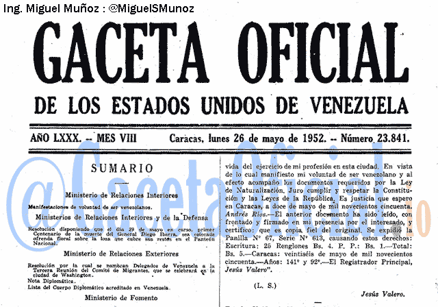 Gaceta Oficial 23841 del 26 Mayo 1952
