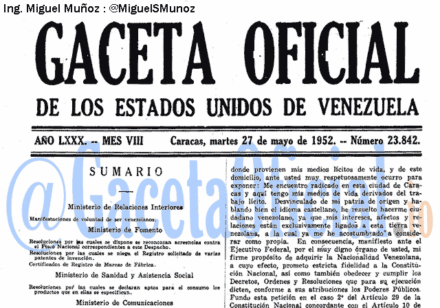 Gaceta Oficial 23842 del 27 Mayo 1952