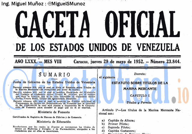 Gaceta Oficial 23844 del 29 Mayo 1952