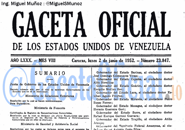 Gaceta Oficial 23847 del 2 Junio 1952