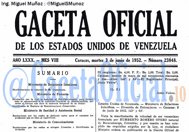 Gaceta Oficial 23848 del 3 Junio 1952