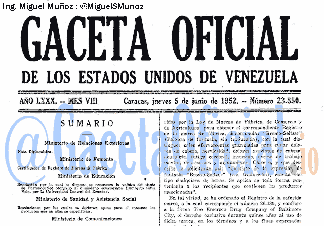 Gaceta Oficial 23850 del 5 Junio 1952