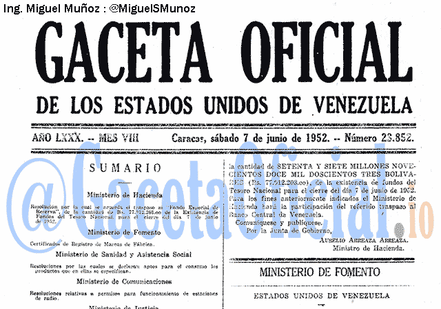 Gaceta Oficial 23852 del 7 Junio 1952