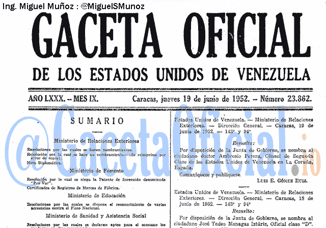 Gaceta Oficial 23862 del 19 Junio 1952
