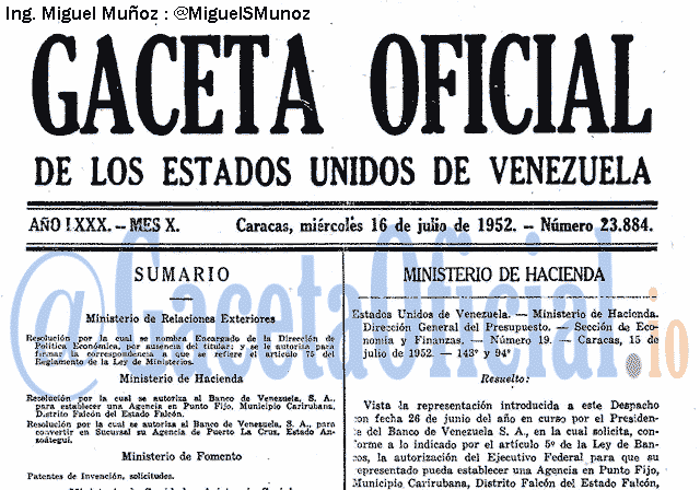 Gaceta Oficial 23884 del 16 Julio 1952