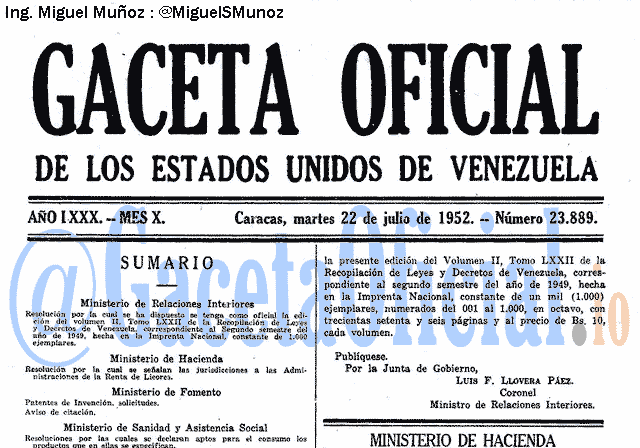Gaceta Oficial 23889 del 22 Julio 1952