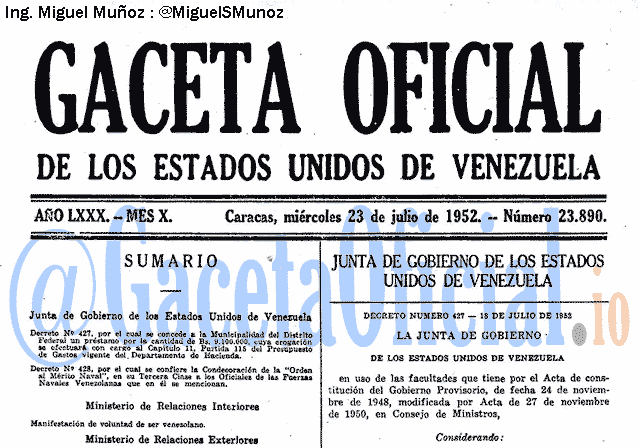 Gaceta Oficial 23890 del 23 Julio 1952