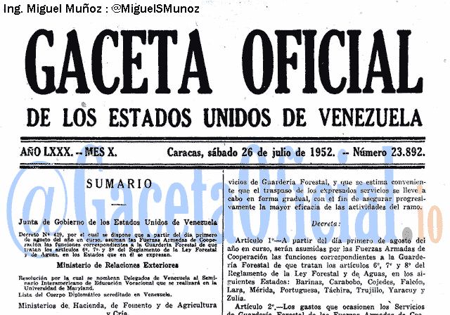 Gaceta Oficial 23892 del 26 Julio 1952