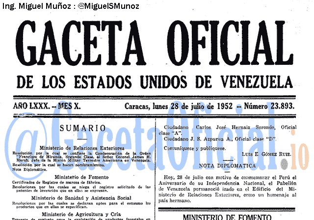 Gaceta Oficial 23893 del 28 Julio 1952