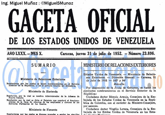 Gaceta Oficial 23896 del 31 Julio 1952