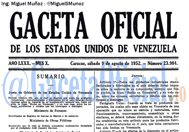 Gaceta Oficial 23904 del 9 Agosto 1952