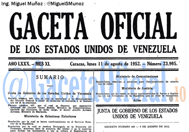 Gaceta Oficial 23905 del 11 Agosto 1952