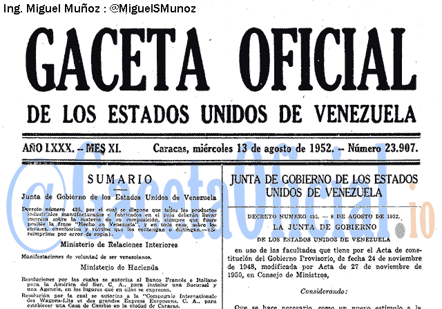 Gaceta Oficial 23907 del 13 Agosto 1952