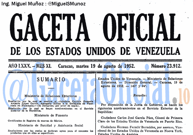 Gaceta Oficial 23912 del 19 Agosto 1952