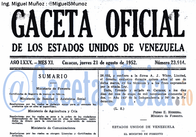 Gaceta Oficial 23914 del 21 Agosto 1952