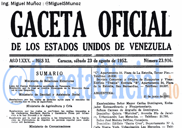 Gaceta Oficial 23916 del 23 Agosto 1952