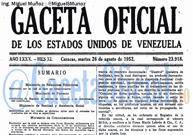 Gaceta Oficial 23918 del 26 Agosto 1952