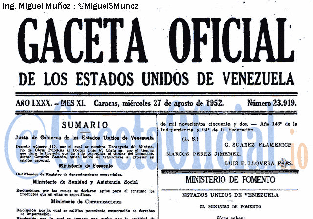 Gaceta Oficial 23919 del 27 Agosto 1952