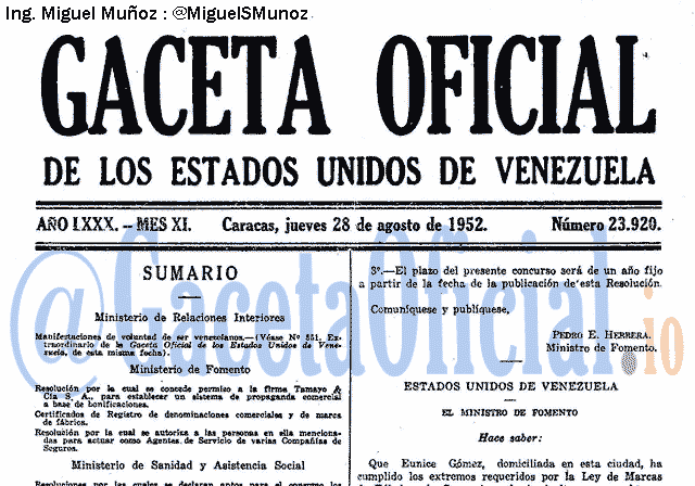 Gaceta Oficial 23920 del 28 Agosto 1952