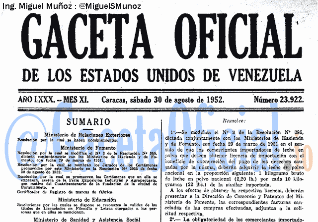 Gaceta Oficial 23922 del 30 Agosto 1952
