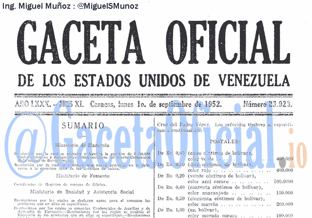 Gaceta Oficial 23923 del 1 Septiembre 1952