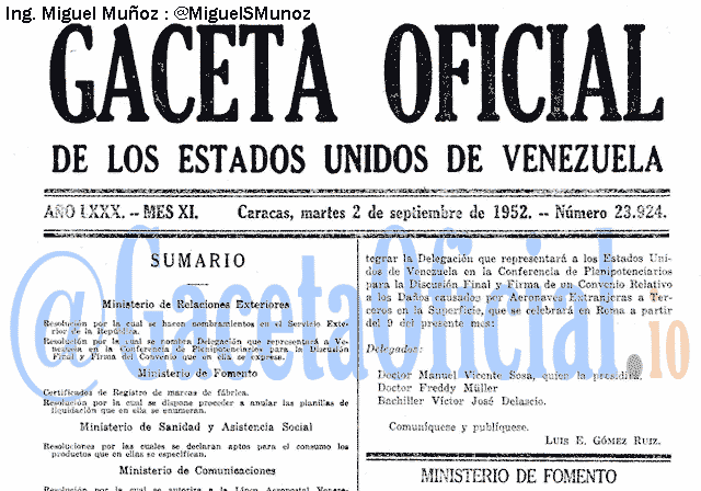 Gaceta Oficial 23924 del 2 Septiembre 1952