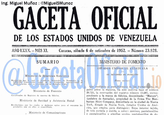 Gaceta Oficial 23928 del 6 Septiembre 1952