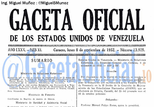 Gaceta Oficial 23929 del 8 Septiembre 1952