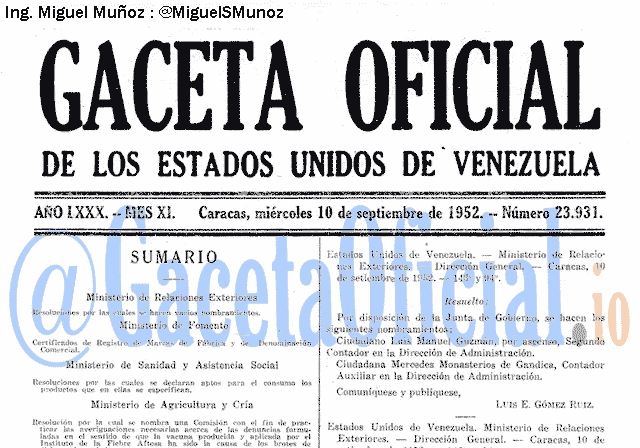 Gaceta Oficial 23931 del 10 Septiembre 1952