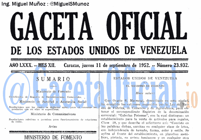 Gaceta Oficial 23932 del 11 Septiembre 1952