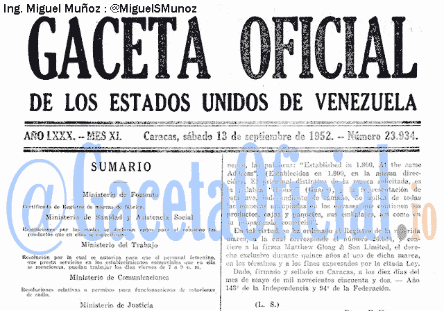 Gaceta Oficial 23934 del 13 Septiembre 1952