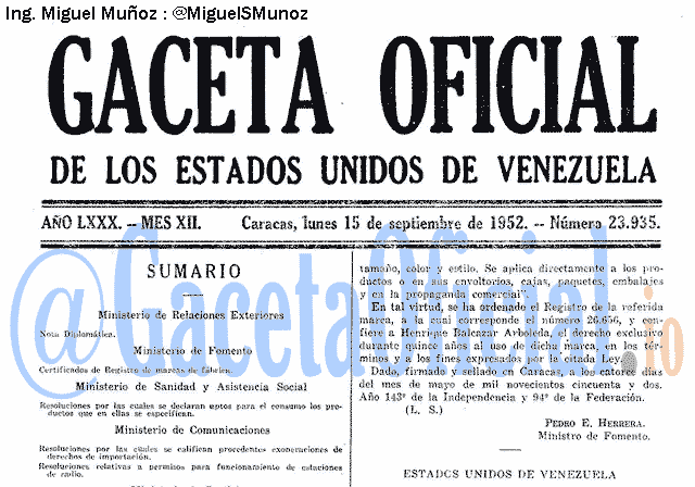 Gaceta Oficial 23935 del 15 Septiembre 1952