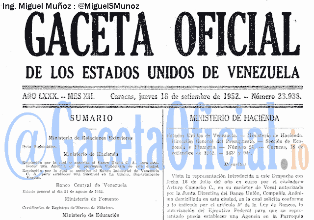 Gaceta Oficial 23938 del 18 Septiembre 1952