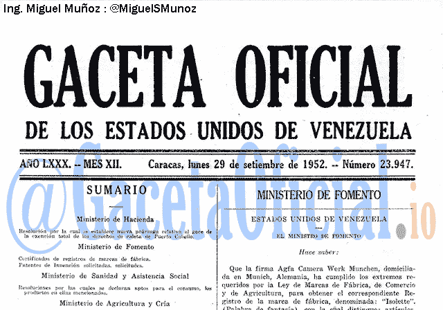 Gaceta Oficial 23947 del 29 Septiembre 1952
