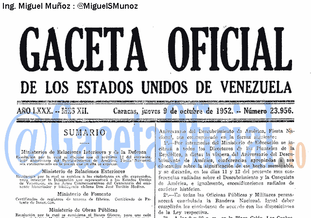 Gaceta Oficial 23956 del 9 Octubre 1952