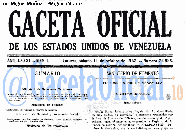 Gaceta Oficial 23958 del 11 Octubre 1952