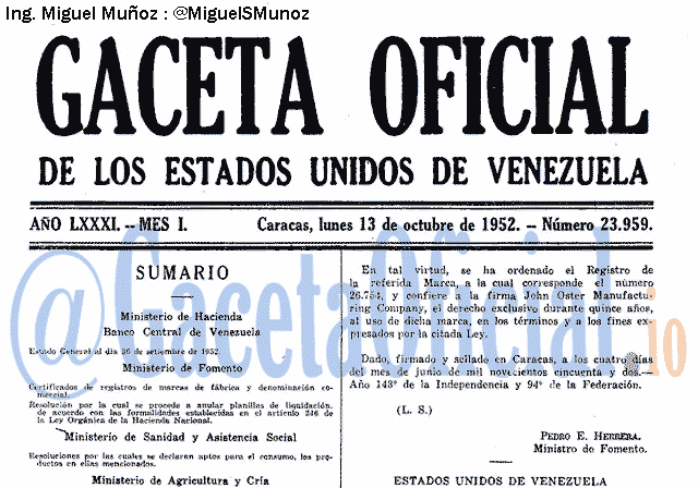 Gaceta Oficial 23959 del 13 Octubre 1952