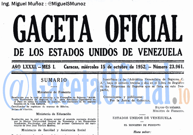 Gaceta Oficial 23961 del 15 Octubre 1952