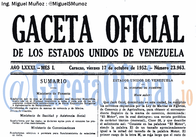 Gaceta Oficial 23963 del 17 Octubre 1952