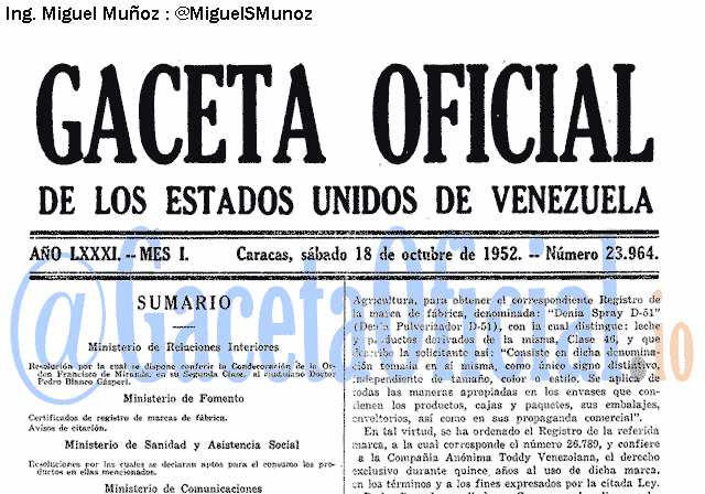 Gaceta Oficial 23964 del 18 Octubre 1952