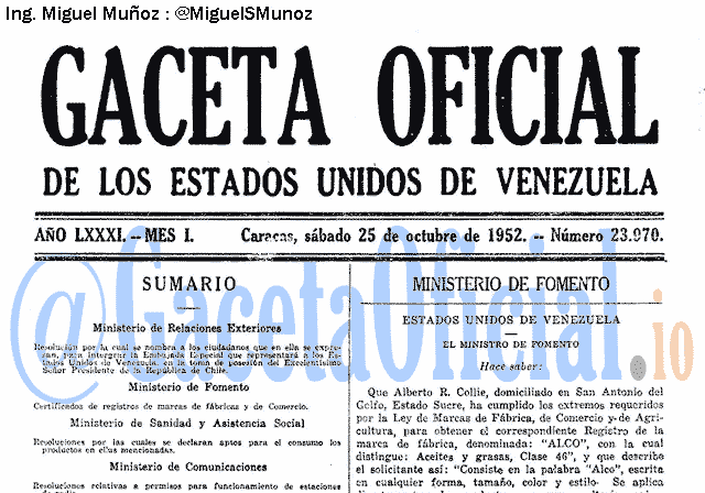 Gaceta Oficial 23970 del 25 Octubre 1952