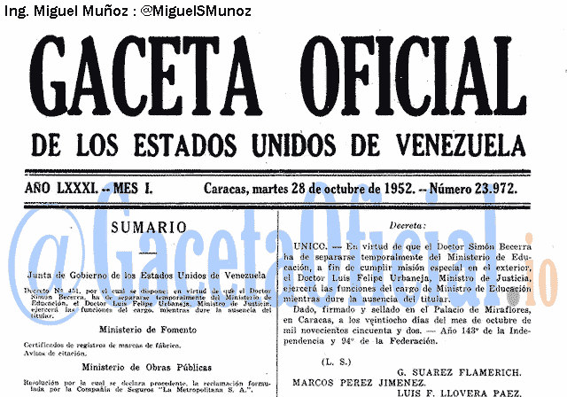 Gaceta Oficial 23972 del 28 Octubre 1952